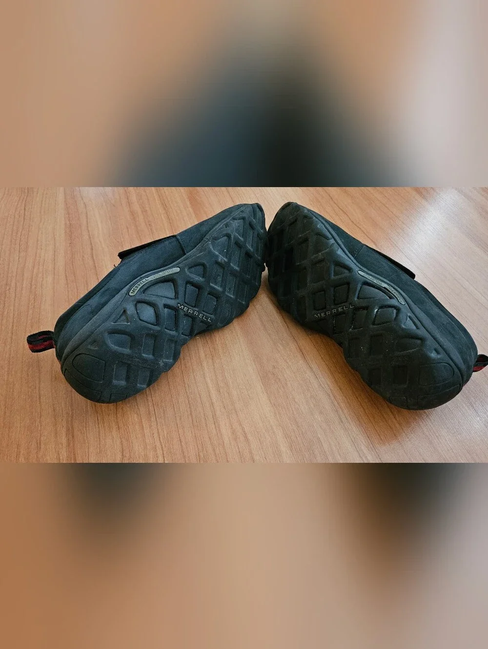 Size 8 Men's Merrell Jungle Moc Black Suede Slip-On Loafers with Red Heel Tabs